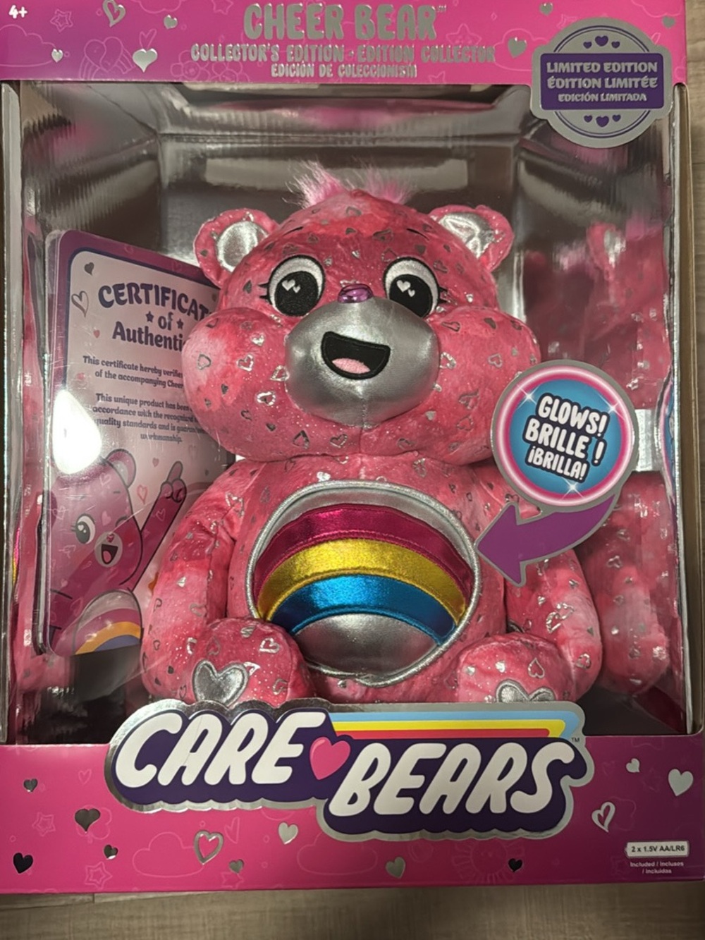 Care Bears Cheer Bear Plush - Pink with Silver Heart Accents